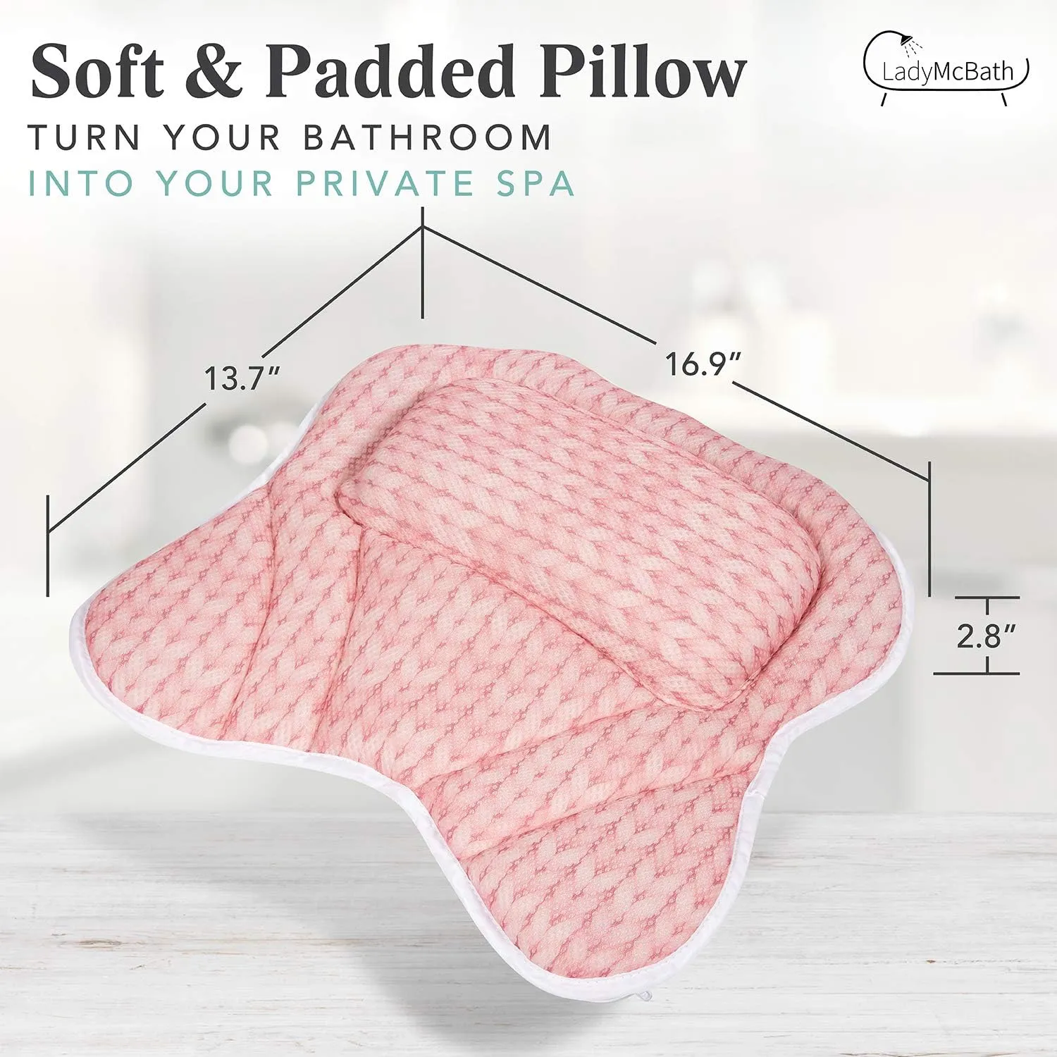 Lady McBath Bath Pillow - Luxury Bath Pillows for Tub Neck and Back Support - Powerful Suction Cups, Machine Washable Bathtub Accessory for Relaxation (Peach)