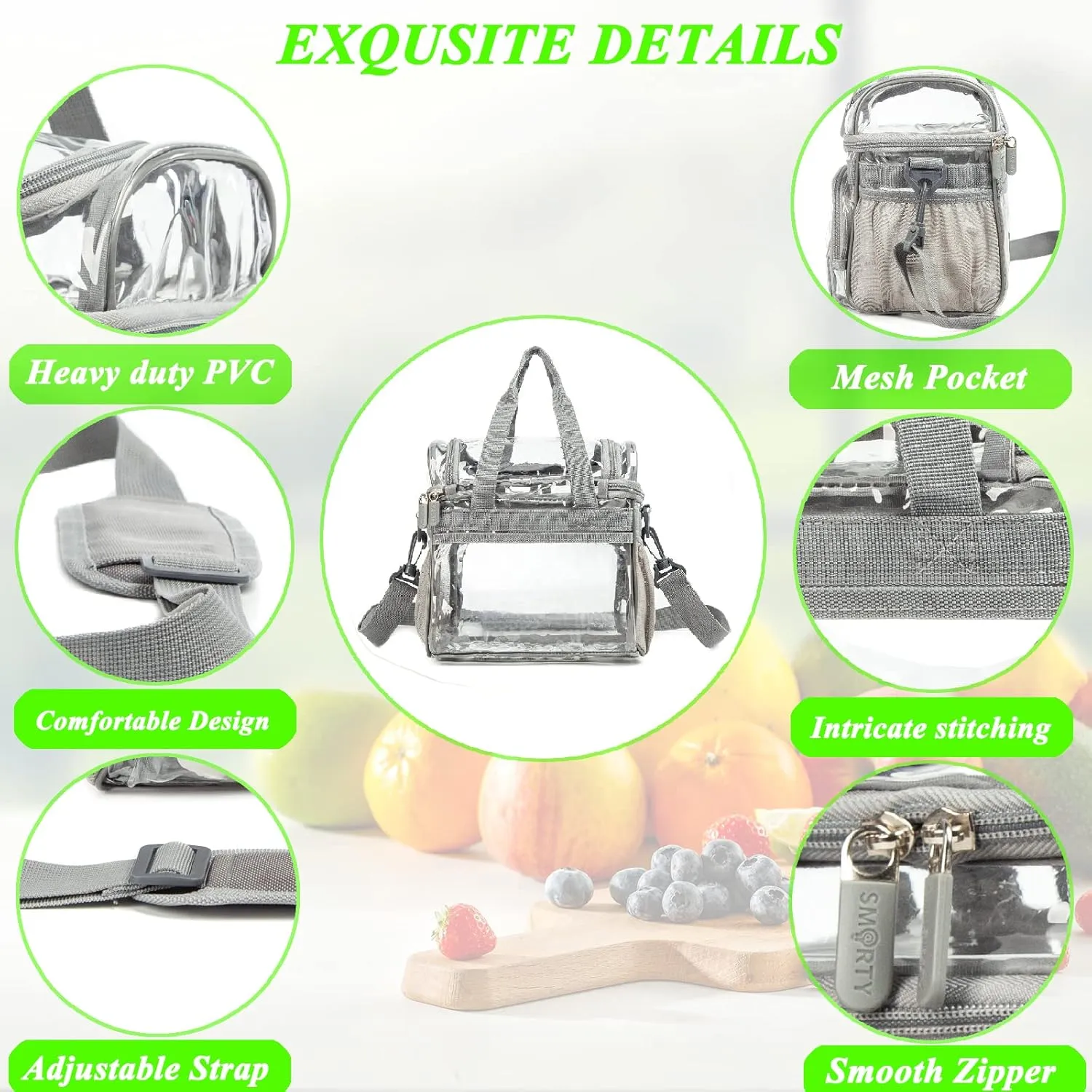 Large Clear Lunch Tote Heavy Duty Stadium Bag Approved Durable Crossbody Makeup Cosmetic Box for Men Women Work (Silver Gray, 12 x 6 x 12)