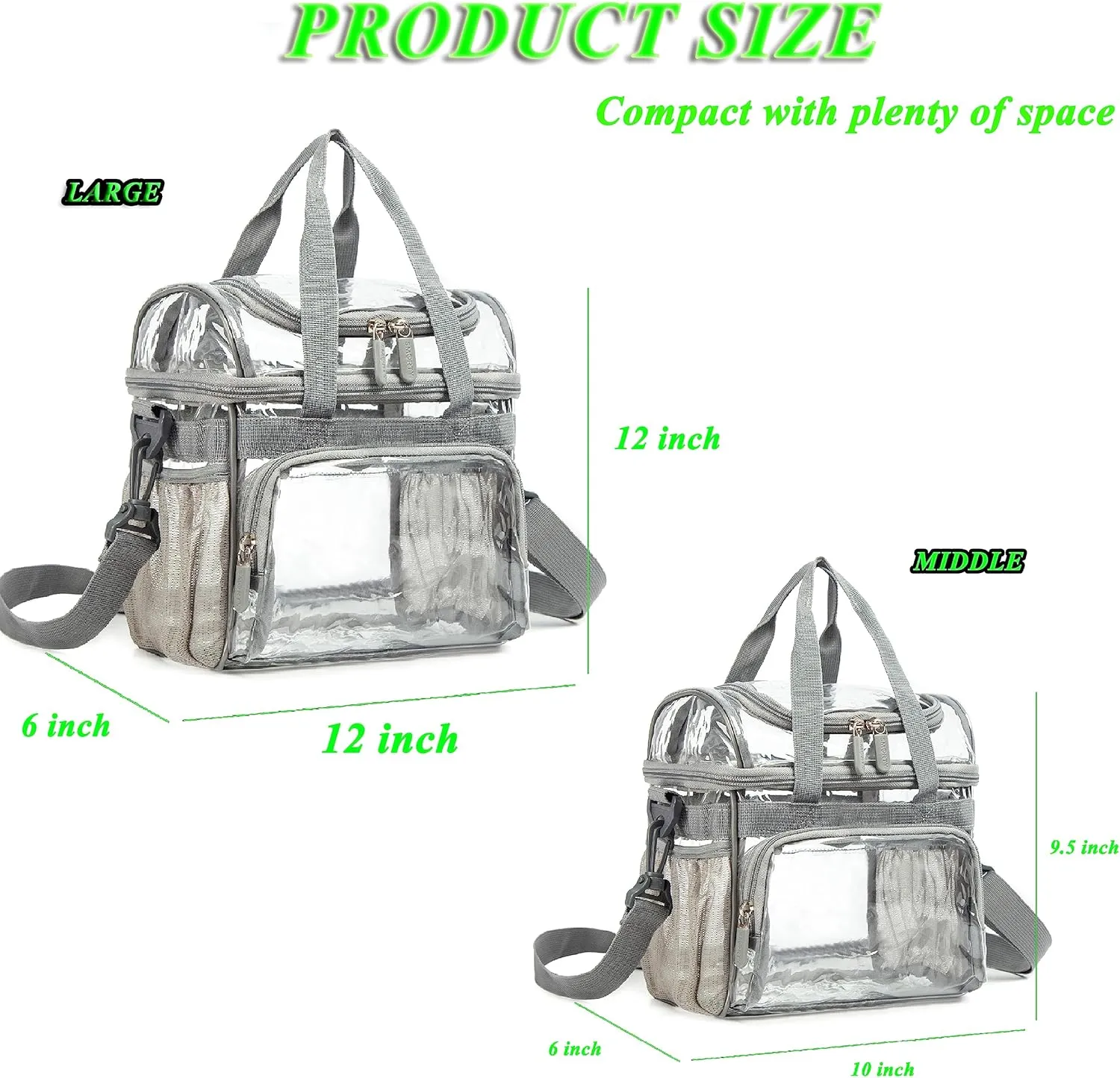 Large Clear Lunch Tote Heavy Duty Stadium Bag Approved Durable Crossbody Makeup Cosmetic Box for Men Women Work (Silver Gray, 12 x 6 x 12)