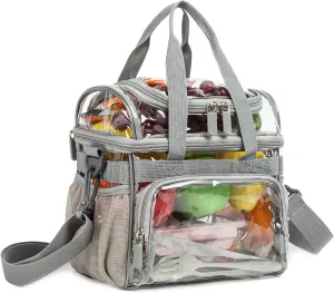 Large Clear Lunch Tote Heavy Duty Stadium Bag Approved Durable Crossbody Makeup Cosmetic Box for Men Women Work (Silver Gray, 12 x 6 x 12)