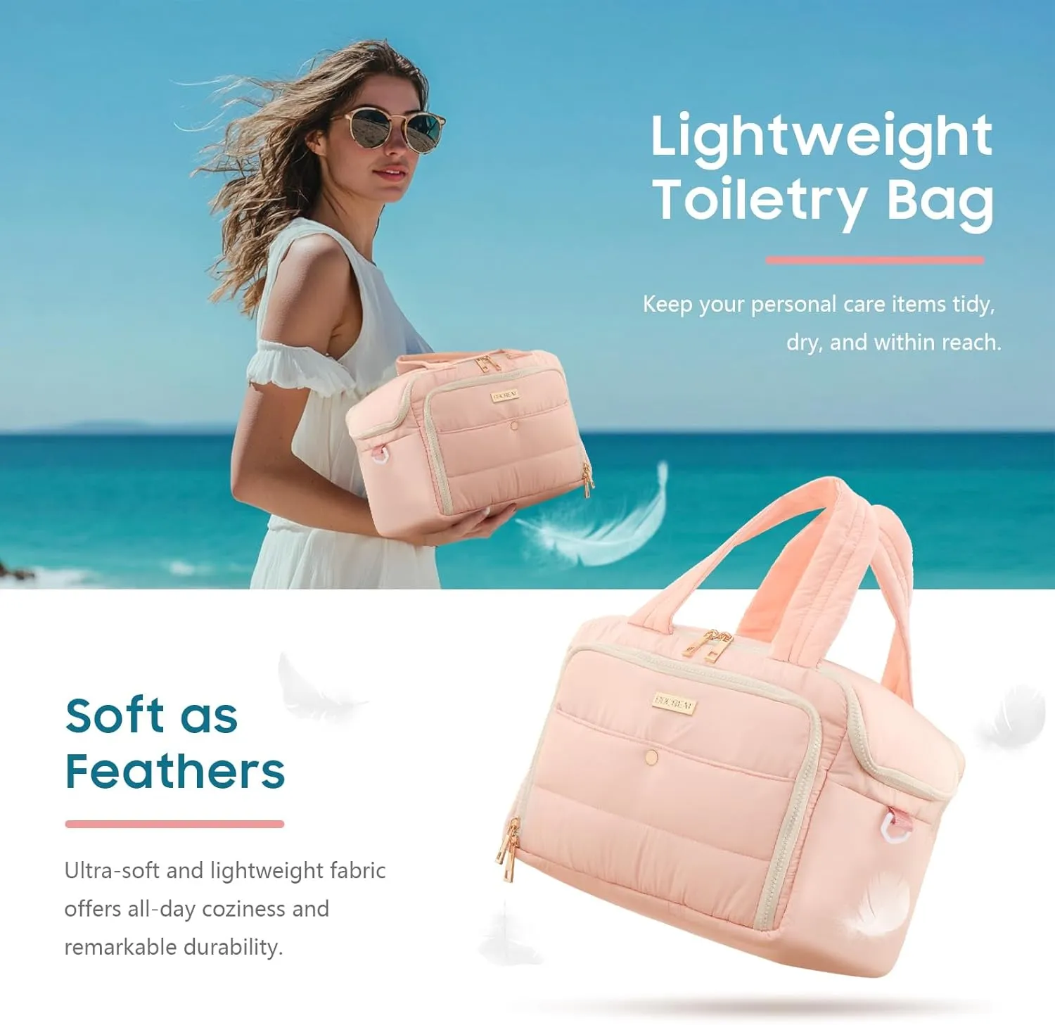 Large Travel Toiletry Bag for Women, Waterproof Puffy Organizer with Wide Handle & Shoulder Strap, Extra-Large Cosmetic Bag with Dry-Wet Separation for Toiletries & Beauty Essentials (Pink)