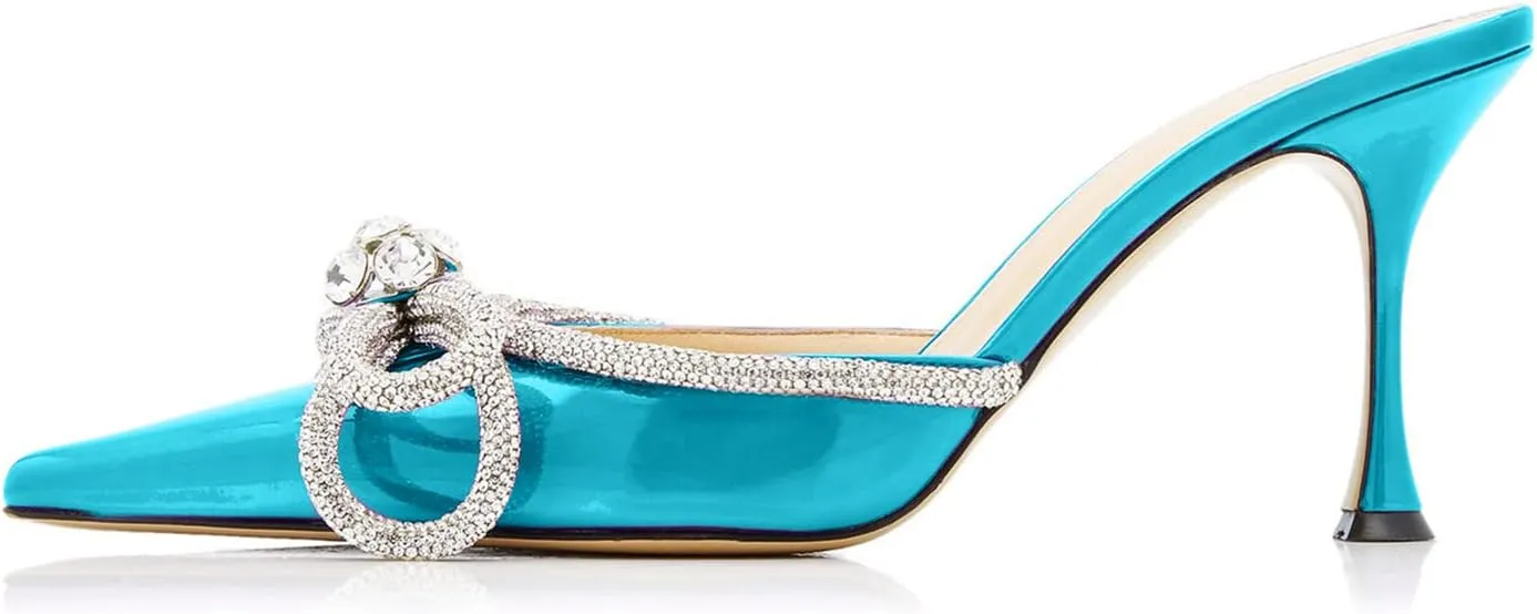 LauraVicci Women High Heeled Mules Rhinestone Embellished Crystal Double Bow Satin Sandals Pointy Toe Stiletto Shoes Summer Bridal Shoes
