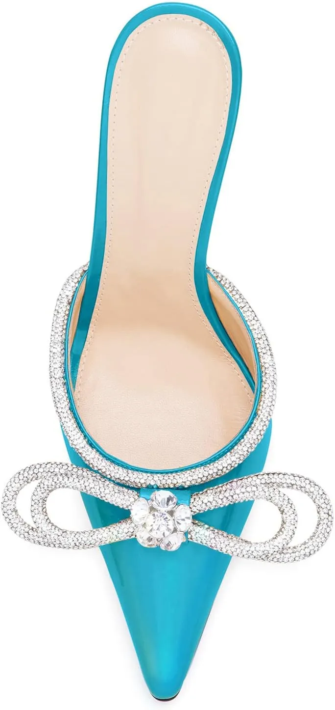 LauraVicci Women High Heeled Mules Rhinestone Embellished Crystal Double Bow Satin Sandals Pointy Toe Stiletto Shoes Summer Bridal Shoes