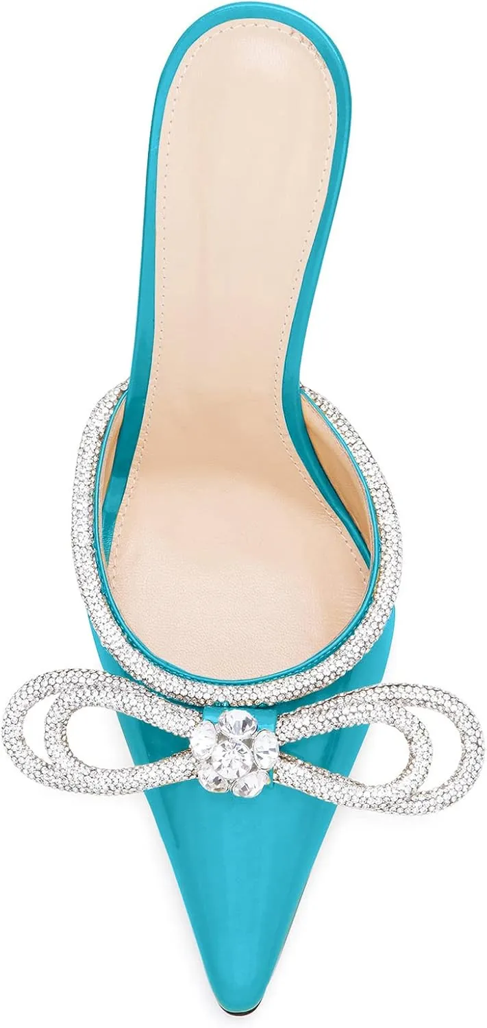 LauraVicci Women High Heeled Mules Rhinestone Embellished Crystal Double Bow Satin Sandals Pointy Toe Stiletto Shoes Summer Bridal Shoes