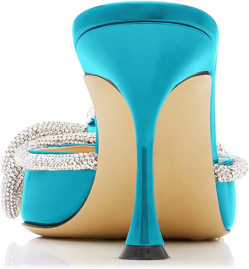 LauraVicci Women High Heeled Mules Rhinestone Embellished Crystal Double Bow Satin Sandals Pointy Toe Stiletto Shoes Summer Bridal Shoes