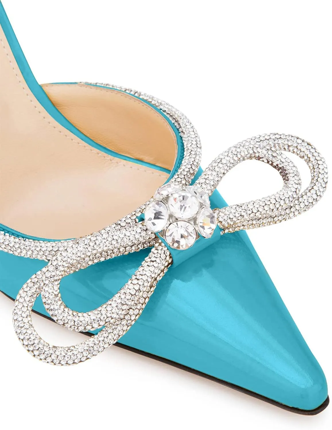 LauraVicci Women High Heeled Mules Rhinestone Embellished Crystal Double Bow Satin Sandals Pointy Toe Stiletto Shoes Summer Bridal Shoes