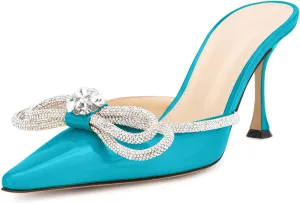 LauraVicci Women High Heeled Mules Rhinestone Embellished Crystal Double Bow Satin Sandals Pointy Toe Stiletto Shoes Summer Bridal Shoes