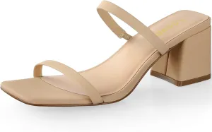 Leevar Square Toe Heeled Sandals for Women - Women's Low Block Heels Sandals - 2.25IN Open Toe Ankle Strap Chunky Heels - Slip on Heeled Sandal Mule- Nude Black Strappy Heels for Party Wedding Dress Shoes
