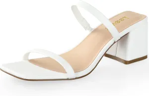 Leevar Square Toe Heeled Sandals for Women - Women's Low Block Heels Sandals - 2.25IN Open Toe Ankle Strap Chunky Heels - Slip on Heeled Sandal Mule- Nude Black Strappy Heels for Party Wedding Dress Shoes