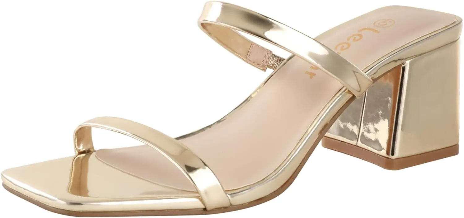 Leevar Square Toe Heeled Sandals for Women - Women's Low Block Heels Sandals - 2.25IN Open Toe Ankle Strap Chunky Heels - Slip on Heeled Sandal Mule- Nude Black Strappy Heels for Party Wedding Dress Shoes