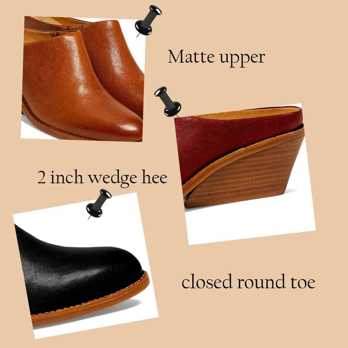 LEHOOR Women Comfort Mule Wedges Round Toe Slip On Wedge Heels Mules Walking Retro 2 inch Stacked Wedged Mule Shoes Office Ladies Heeled Slide Shoes Backless Casual Going Out 4-11 M US