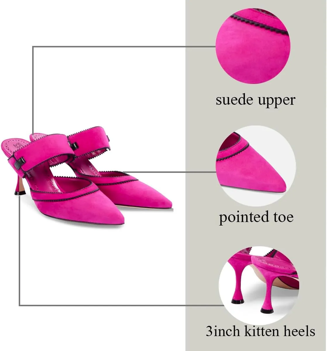 LEHOOR Women Kitten Heel Mules Pointed Toe Slip On Mule Sandals Suede 3 inch Stiletto High Heels Mule Pumps Backless Sandal Heels Closed Toe Dress Mule Heels Party Party 4-11 M US