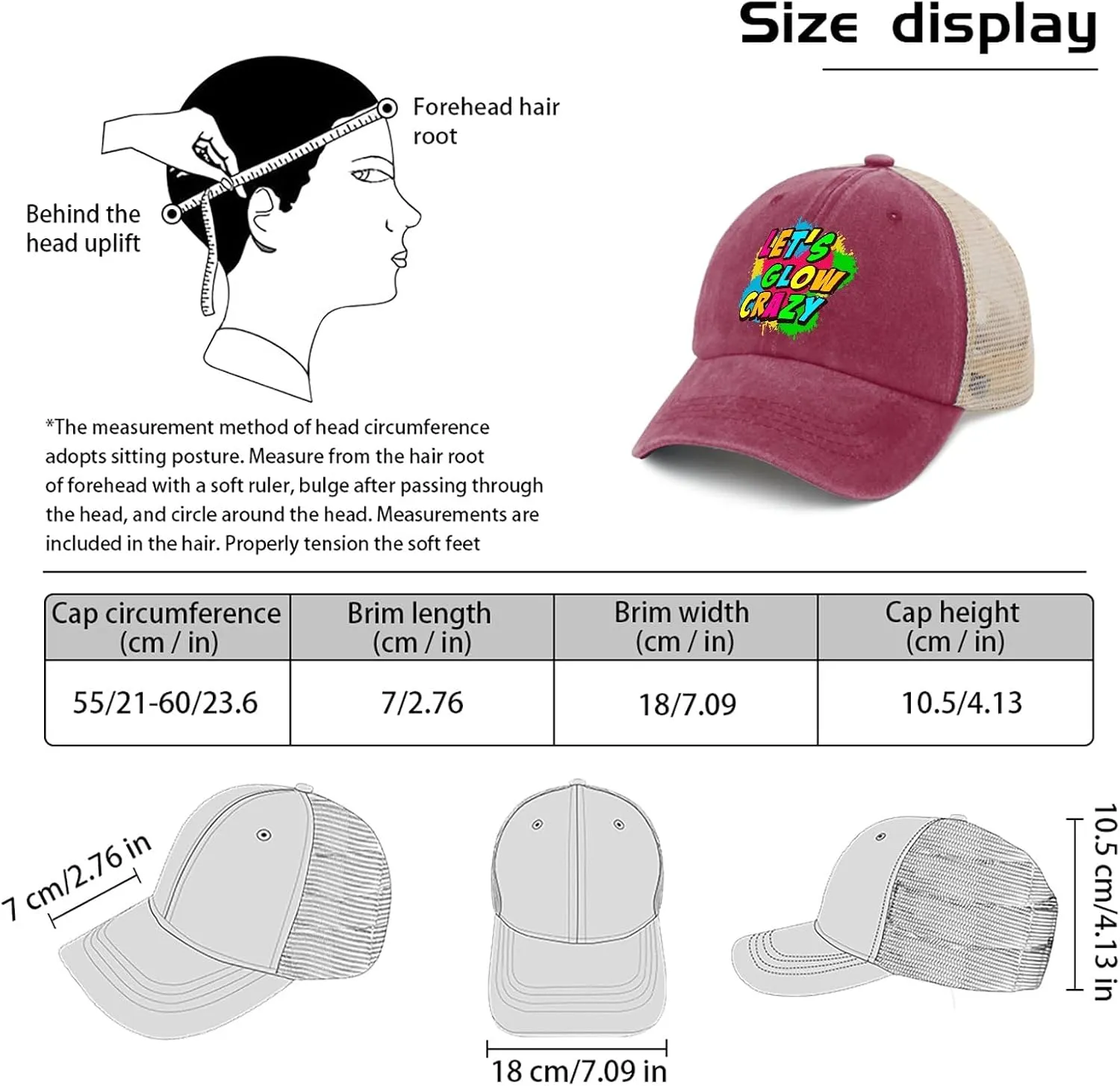 Let's Glow Crazy Hat for Mens Baseball Cap Funny Washed Running Hat Quick Dry