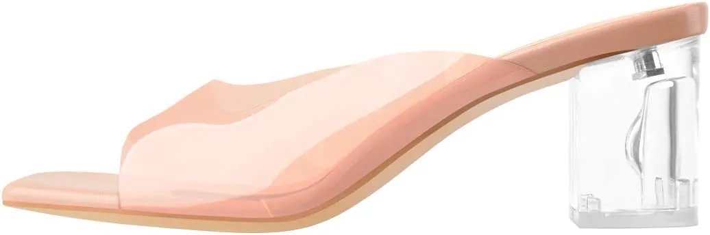 LISHAN Square Open Toe Mules Clear Mid Block Heeled Sandals for Women