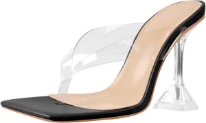 LISHAN Women's Stiletto High Heel Slip On Square Open Toe Mule Sandal