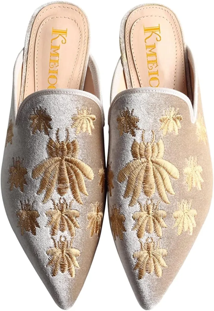 Loafers for Women, Womens Embroidery Mule Shoes Velvet Backless Slip On Loafers Pointed Toe Flat Mule Slides