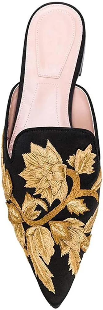 Loafers for Women, Womens Embroidery Mule Shoes Velvet Backless Slip On Loafers Pointed Toe Flat Mule Slides