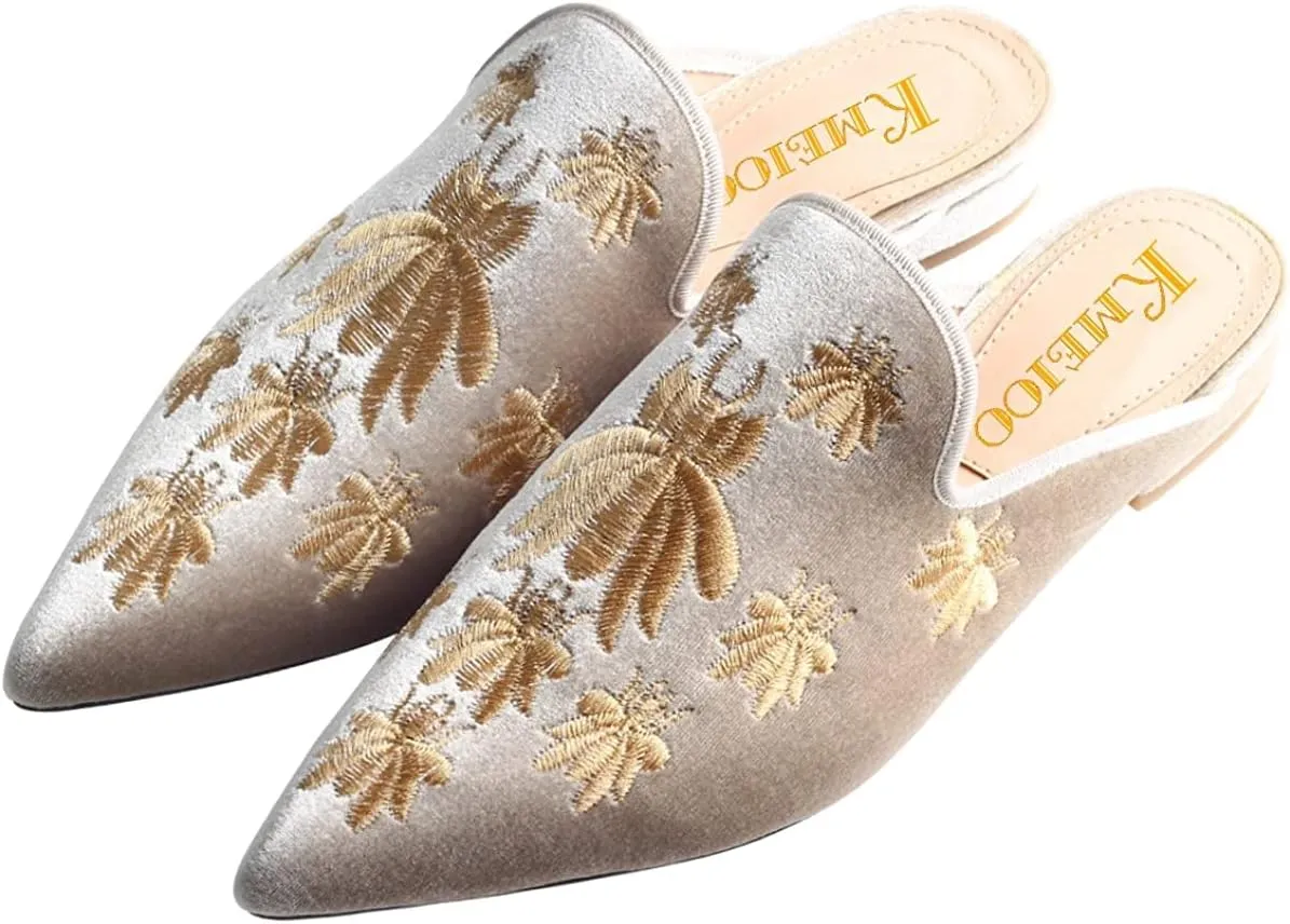 Loafers for Women, Womens Embroidery Mule Shoes Velvet Backless Slip On Loafers Pointed Toe Flat Mule Slides