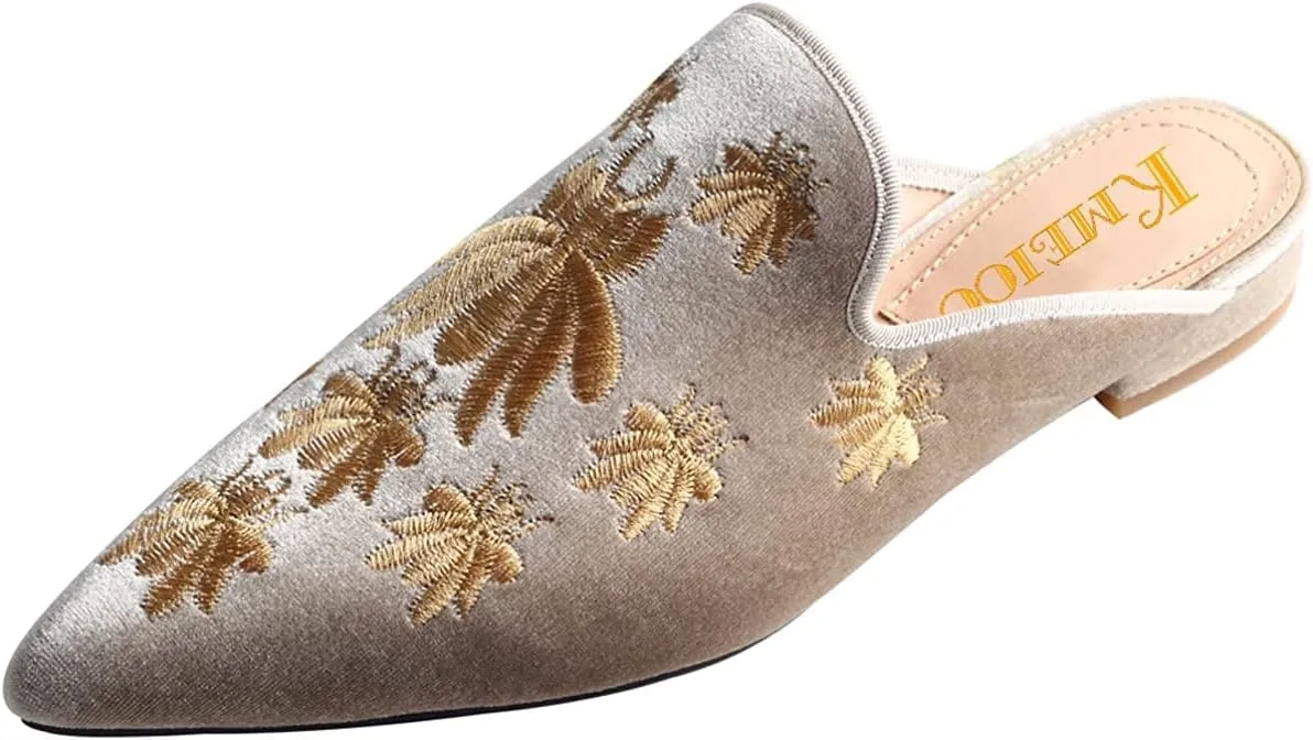 Loafers for Women, Womens Embroidery Mule Shoes Velvet Backless Slip On Loafers Pointed Toe Flat Mule Slides