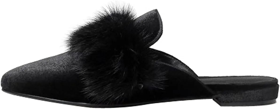 Loafers for Women, Womens Embroidery Mule Shoes Velvet Backless Slip On Loafers Pointed Toe Flat Mule Slides