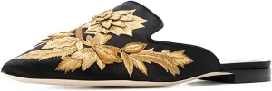 Loafers for Women, Womens Embroidery Mule Shoes Velvet Backless Slip On Loafers Pointed Toe Flat Mule Slides