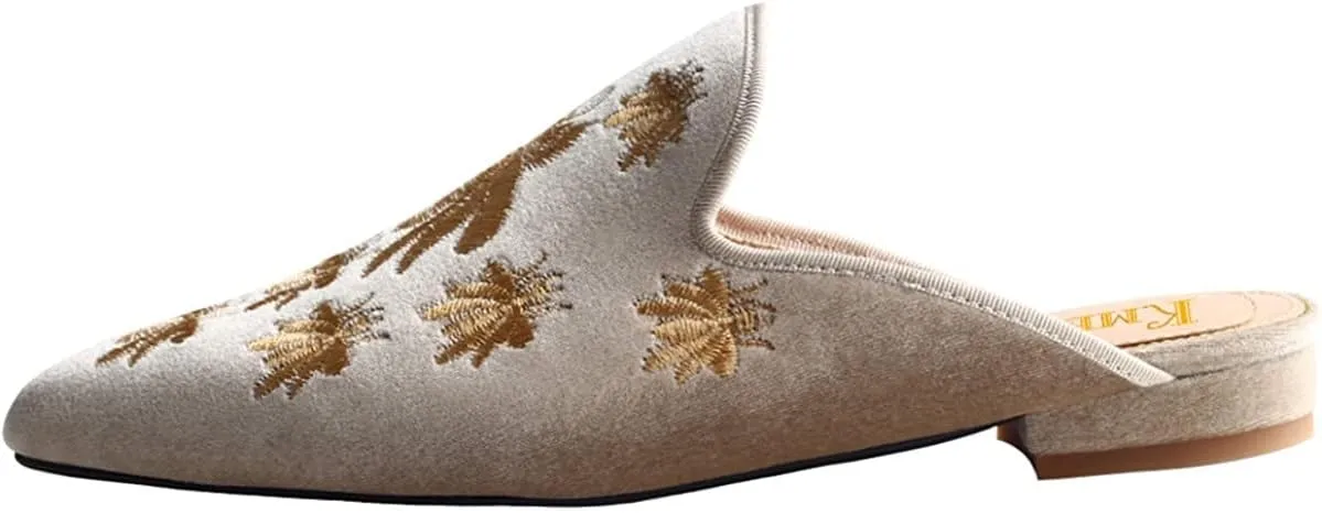 Loafers for Women, Womens Embroidery Mule Shoes Velvet Backless Slip On Loafers Pointed Toe Flat Mule Slides