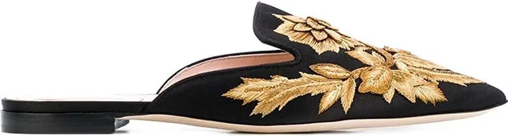 Loafers for Women, Womens Embroidery Mule Shoes Velvet Backless Slip On Loafers Pointed Toe Flat Mule Slides