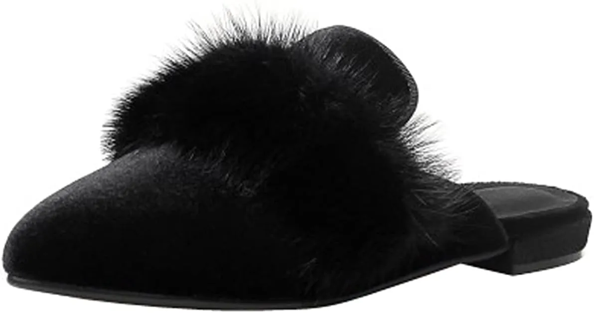 Loafers for Women, Womens Embroidery Mule Shoes Velvet Backless Slip On Loafers Pointed Toe Flat Mule Slides