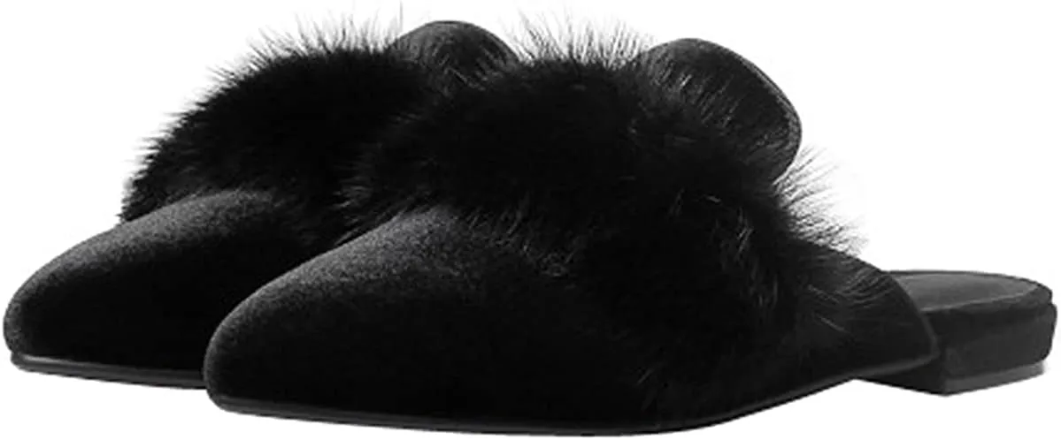 Loafers for Women, Womens Embroidery Mule Shoes Velvet Backless Slip On Loafers Pointed Toe Flat Mule Slides