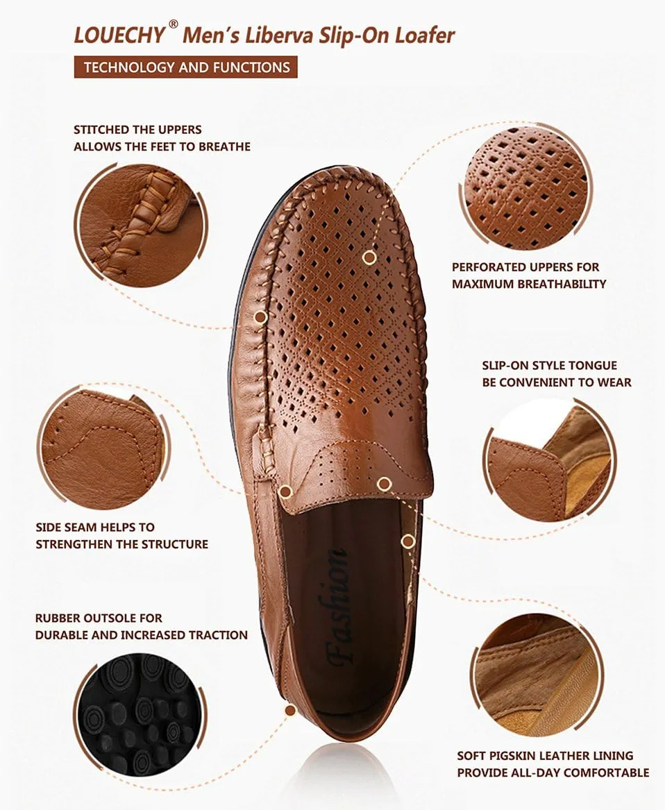 LOUECHY Men's Leather Slip-On Loafer Lightweight Driving Shoes Casual Moccasin Slipper