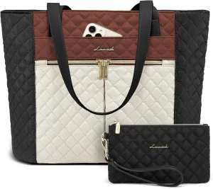 LOVEVOOK Laptop Bag for Women 15.6 inch,Diamond Quilted Work Tote Bags Womens Laptop Computer Shoulder Bags,Stylish Travel Tote Bags Laptop Purse Briefcase Handbag with Clutch Purse,Brown-Black-White