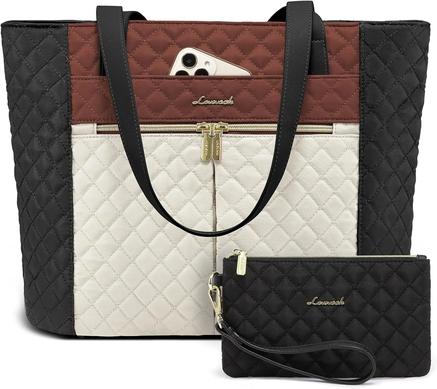 LOVEVOOK Laptop Bag for Women 15.6 inch,Diamond Quilted Work Tote Bags Womens Laptop Computer Shoulder Bags,Stylish Travel Tote Bags Laptop Purse Briefcase Handbag with Clutch Purse,Brown-Black-White