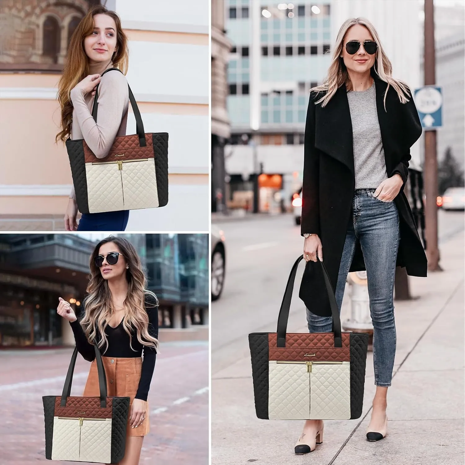 LOVEVOOK Laptop Bag for Women 15.6 inch,Diamond Quilted Work Tote Bags Womens Laptop Computer Shoulder Bags,Stylish Travel Tote Bags Laptop Purse Briefcase Handbag with Clutch Purse,Brown-Black-White