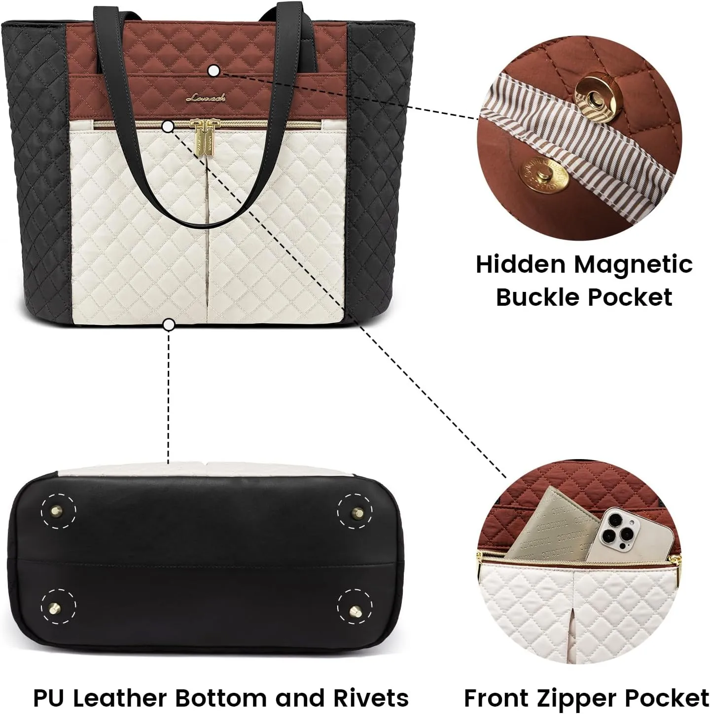 LOVEVOOK Laptop Bag for Women 15.6 inch,Diamond Quilted Work Tote Bags Womens Laptop Computer Shoulder Bags,Stylish Travel Tote Bags Laptop Purse Briefcase Handbag with Clutch Purse,Brown-Black-White