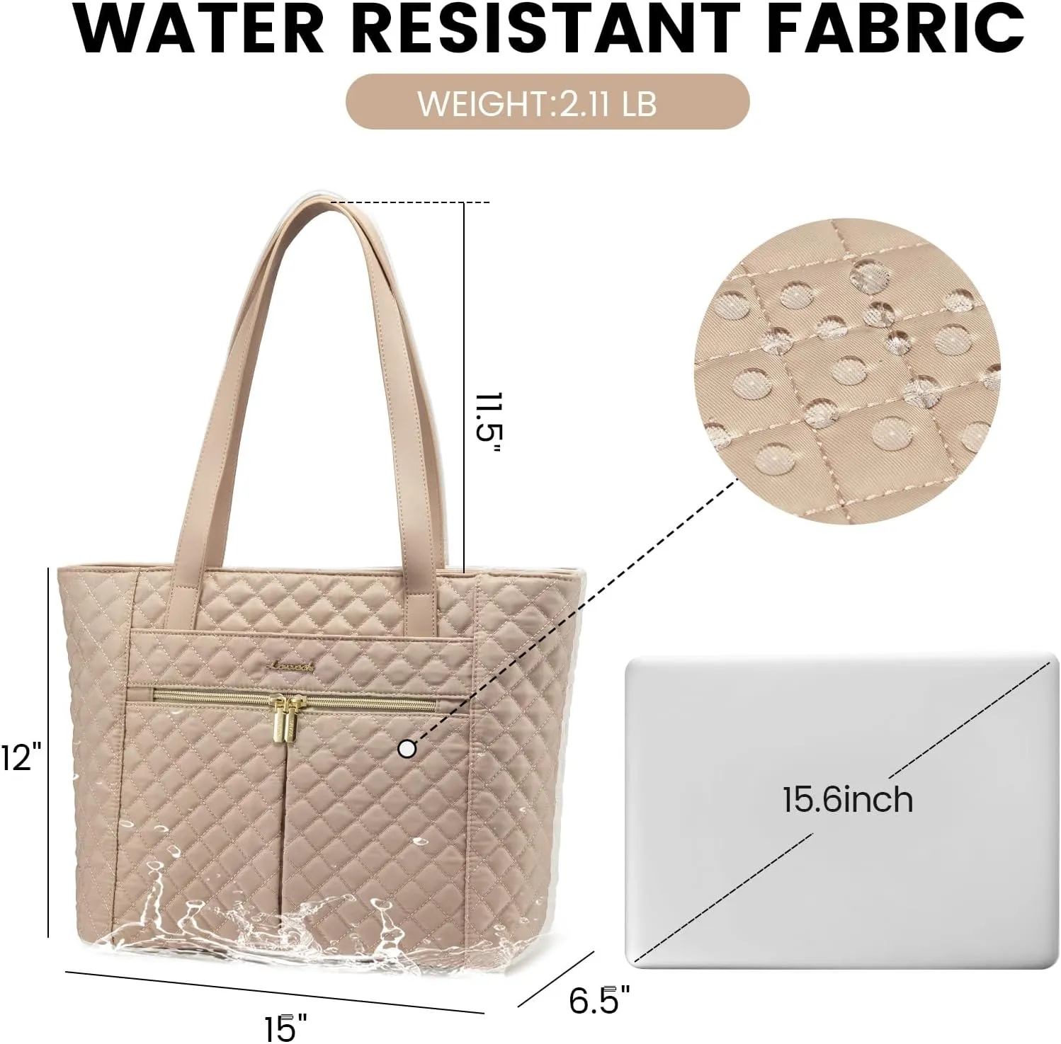 LOVEVOOK Laptop Bag for Women 15.6 inch,Diamond Quilted Work Tote Bags Womens Laptop Computer Shoulder Bags,Stylish Travel Tote Bags Laptop Purse Briefcase Handbag with Clutch Purse,Khaki