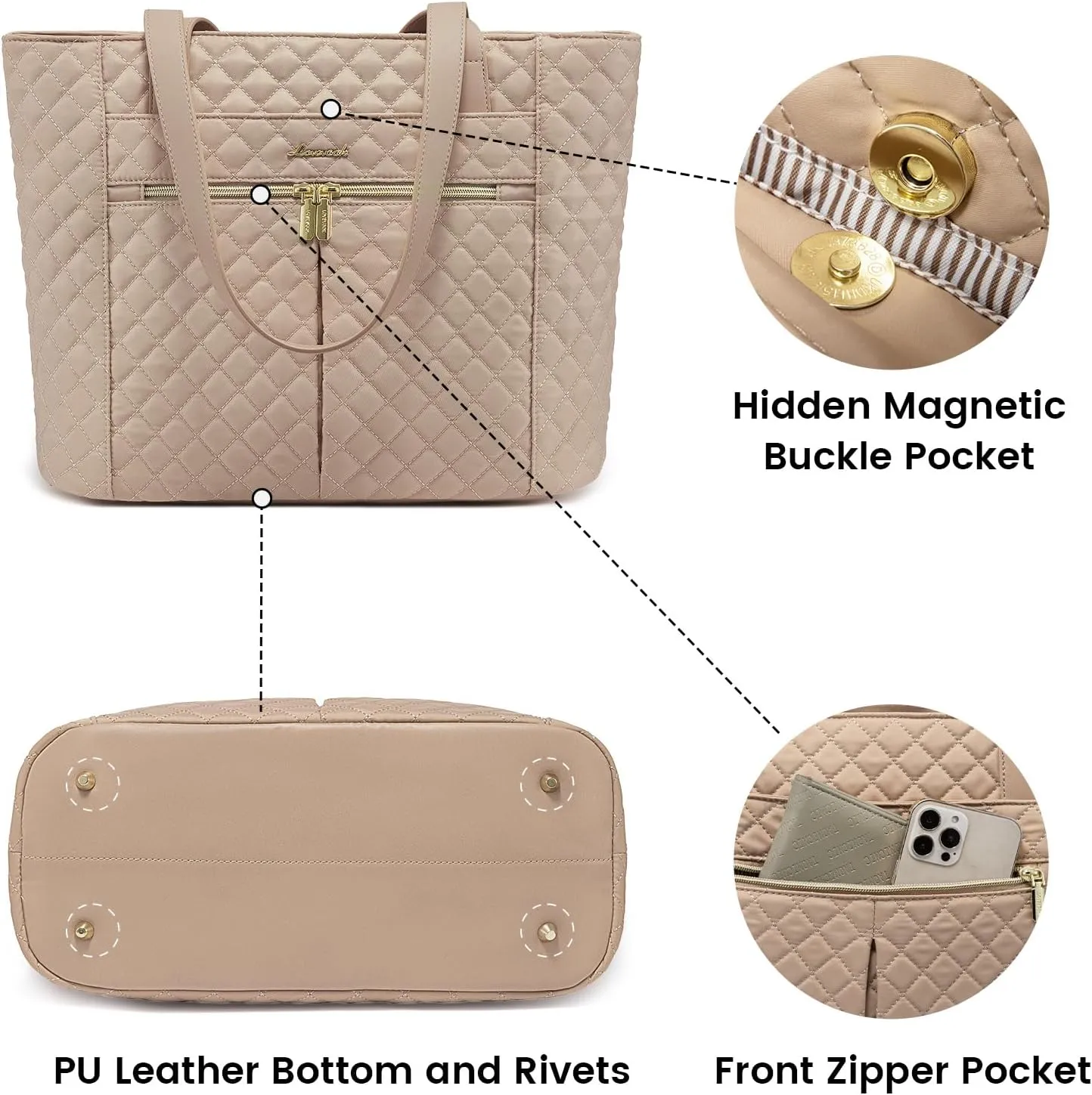 LOVEVOOK Laptop Bag for Women 15.6 inch,Diamond Quilted Work Tote Bags Womens Laptop Computer Shoulder Bags,Stylish Travel Tote Bags Laptop Purse Briefcase Handbag with Clutch Purse,Khaki