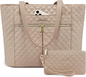 LOVEVOOK Laptop Bag for Women 15.6 inch,Diamond Quilted Work Tote Bags Womens Laptop Computer Shoulder Bags,Stylish Travel Tote Bags Laptop Purse Briefcase Handbag with Clutch Purse,Khaki