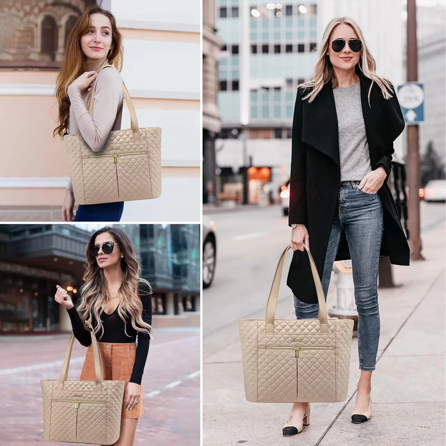 LOVEVOOK Laptop Bag for Women 15.6 inch,Diamond Quilted Work Tote Bags Womens Laptop Computer Shoulder Bags,Stylish Travel Tote Bags Laptop Purse Briefcase Handbag with Clutch Purse,Khaki