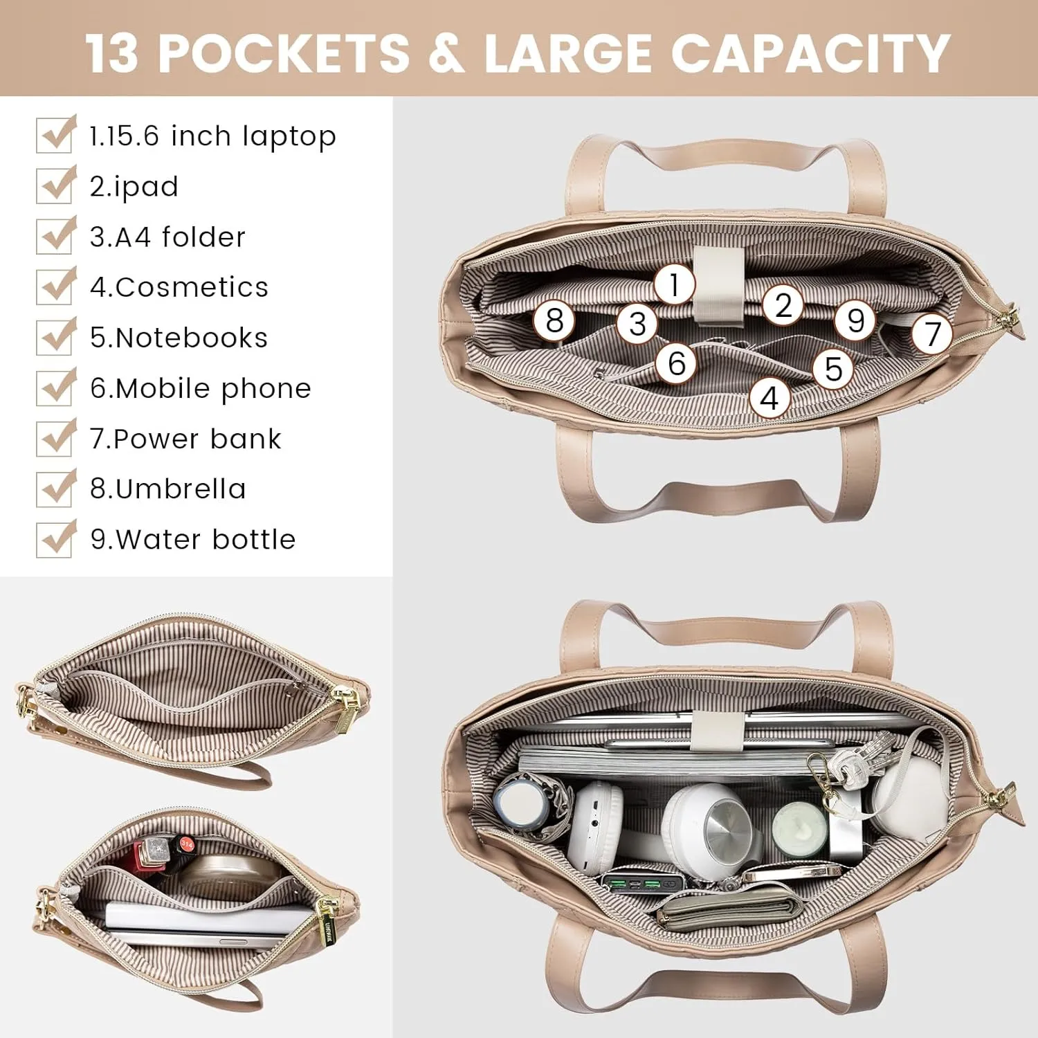 LOVEVOOK Laptop Bag for Women 15.6 inch,Diamond Quilted Work Tote Bags Womens Laptop Computer Shoulder Bags,Stylish Travel Tote Bags Laptop Purse Briefcase Handbag with Clutch Purse,Khaki