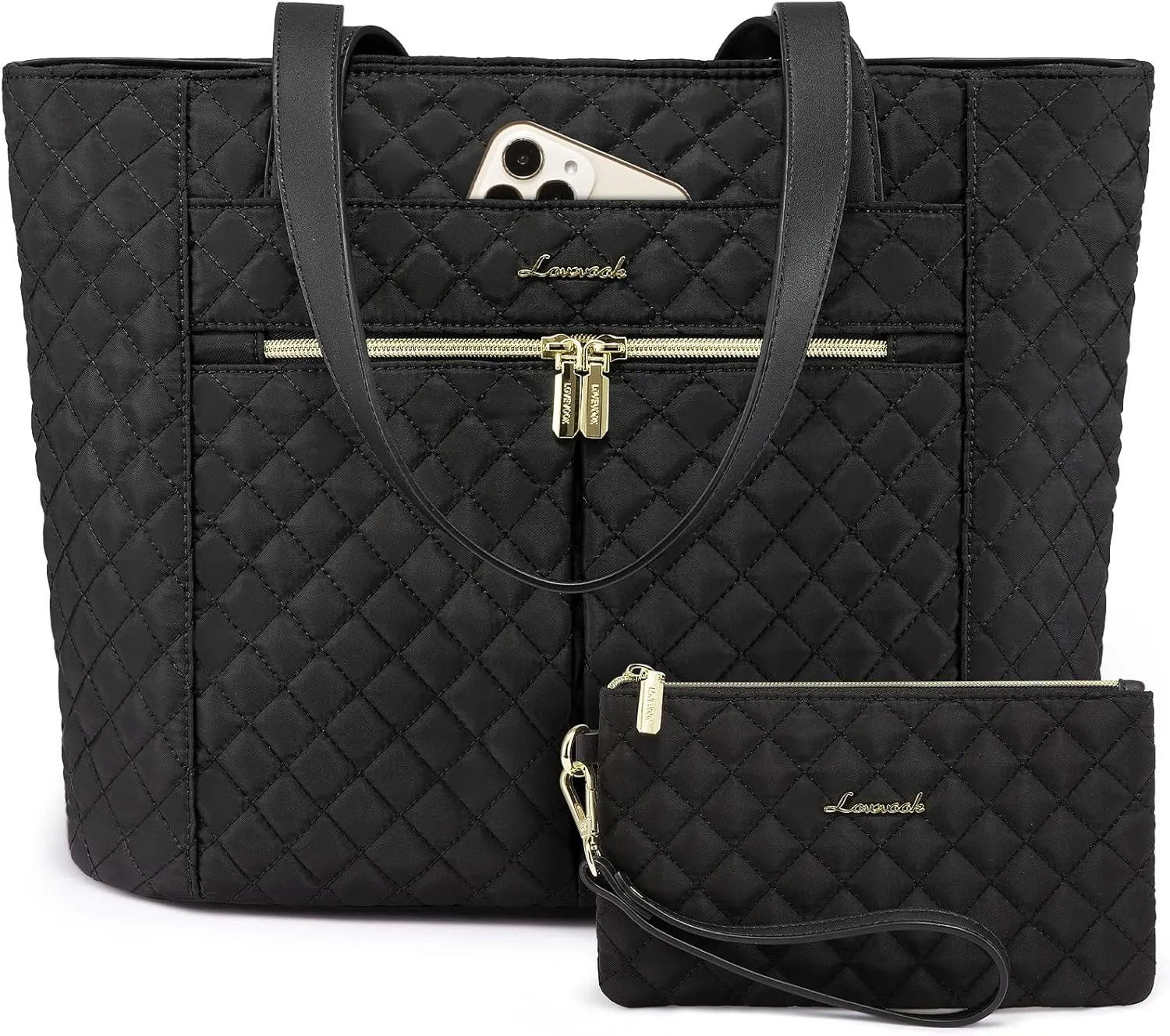 LOVEVOOK Laptop Bag for Women 15.6 inch,Diamond Quilted Work Tote Bags Womens Laptop Tote Computer Shoulder Bags,Stylish Travel Tote Bags Laptop Purse Case Briefcase Handbag with Clutch Bag,Black
