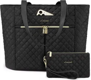 LOVEVOOK Laptop Bag for Women 15.6 inch,Diamond Quilted Work Tote Bags Womens Laptop Tote Computer Shoulder Bags,Stylish Travel Tote Bags Laptop Purse Case Briefcase Handbag with Clutch Bag,Black