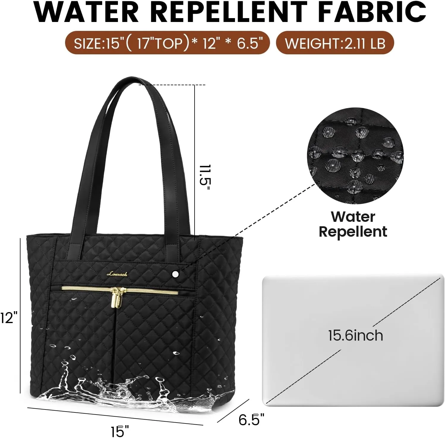 LOVEVOOK Laptop Bag for Women 15.6 inch,Diamond Quilted Work Tote Bags Womens Laptop Tote Computer Shoulder Bags,Stylish Travel Tote Bags Laptop Purse Case Briefcase Handbag with Clutch Bag,Black