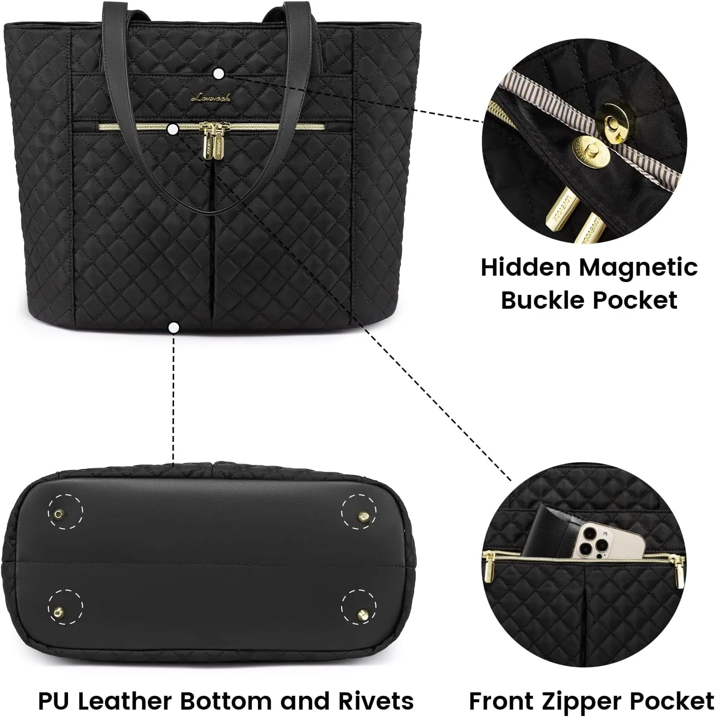 LOVEVOOK Laptop Bag for Women 15.6 inch,Diamond Quilted Work Tote Bags Womens Laptop Tote Computer Shoulder Bags,Stylish Travel Tote Bags Laptop Purse Case Briefcase Handbag with Clutch Bag,Black