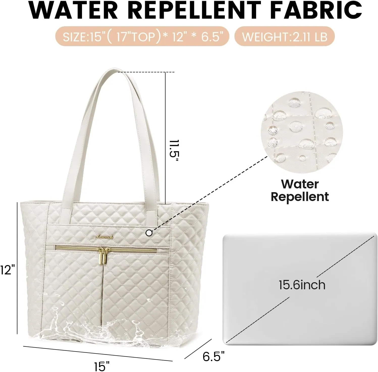 LOVEVOOK Laptop Bag for Women 15.6 inch,Diamond Quilted Work Women Laptops Tote Computer Shoulder Bag,Stylish Travel Tote Bags Purse Briefcase Case Handbag with Clutch Bags,Off-white