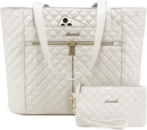 LOVEVOOK Laptop Bag for Women 15.6 inch,Diamond Quilted Work Women Laptops Tote Computer Shoulder Bag,Stylish Travel Tote Bags Purse Briefcase Case Handbag with Clutch Bags,Off-white