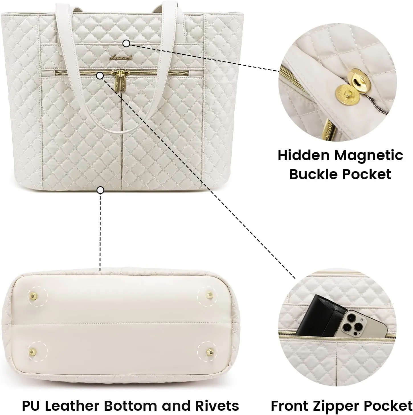 LOVEVOOK Laptop Bag for Women 15.6 inch,Diamond Quilted Work Women Laptops Tote Computer Shoulder Bag,Stylish Travel Tote Bags Purse Briefcase Case Handbag with Clutch Bags,Off-white