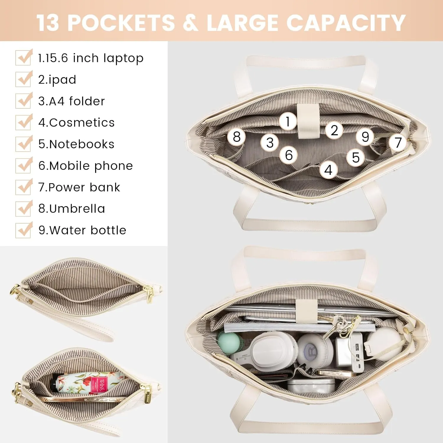 LOVEVOOK Laptop Bag for Women 15.6 inch,Diamond Quilted Work Women Laptops Tote Computer Shoulder Bag,Stylish Travel Tote Bags Purse Briefcase Case Handbag with Clutch Bags,Off-white