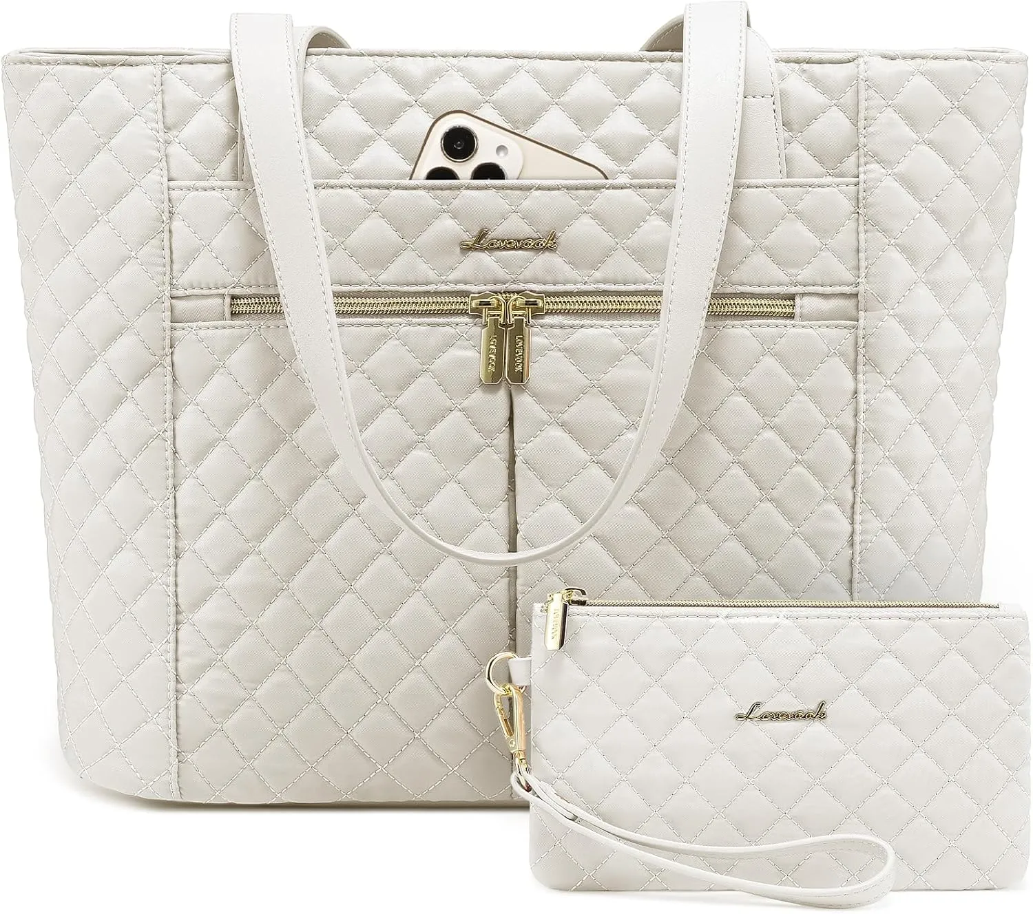 LOVEVOOK Laptop Bag for Women 15.6 inch,Diamond Quilted Work Women Laptops Tote Computer Shoulder Bag,Stylish Travel Tote Bags Purse Briefcase Case Handbag with Clutch Bags,Off-white