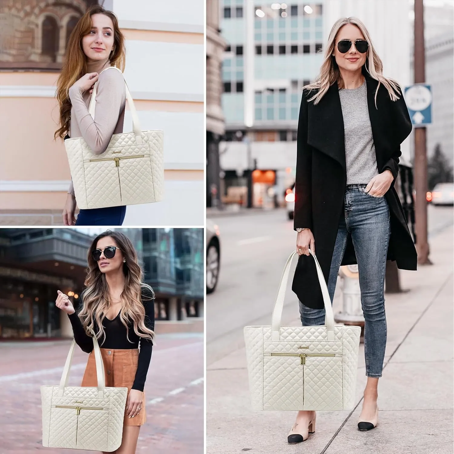 LOVEVOOK Laptop Bag for Women 15.6 inch,Diamond Quilted Work Women Laptops Tote Computer Shoulder Bag,Stylish Travel Tote Bags Purse Briefcase Case Handbag with Clutch Bags,Off-white