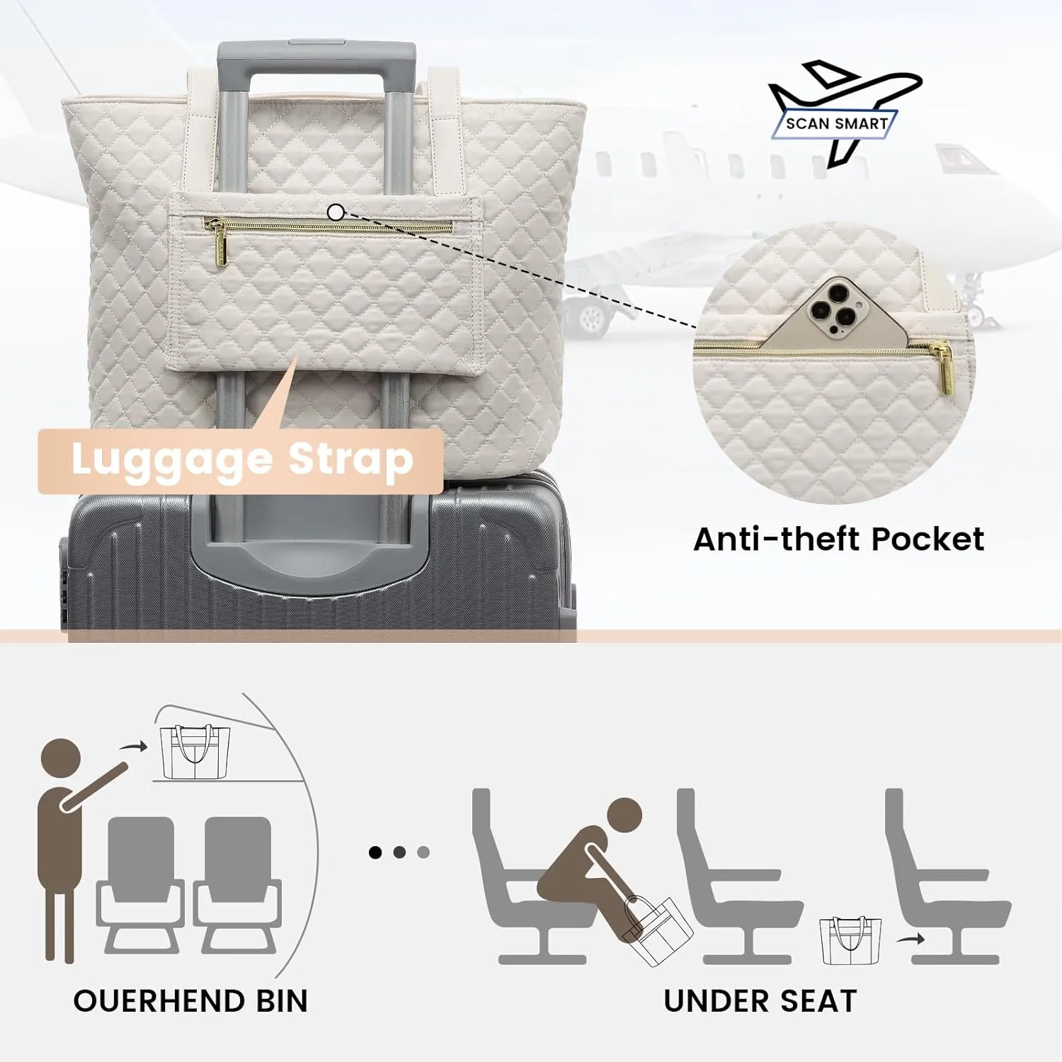 LOVEVOOK Laptop Bag for Women 15.6 inch,Diamond Quilted Work Women Laptops Tote Computer Shoulder Bag,Stylish Travel Tote Bags Purse Briefcase Case Handbag with Clutch Bags,Off-white